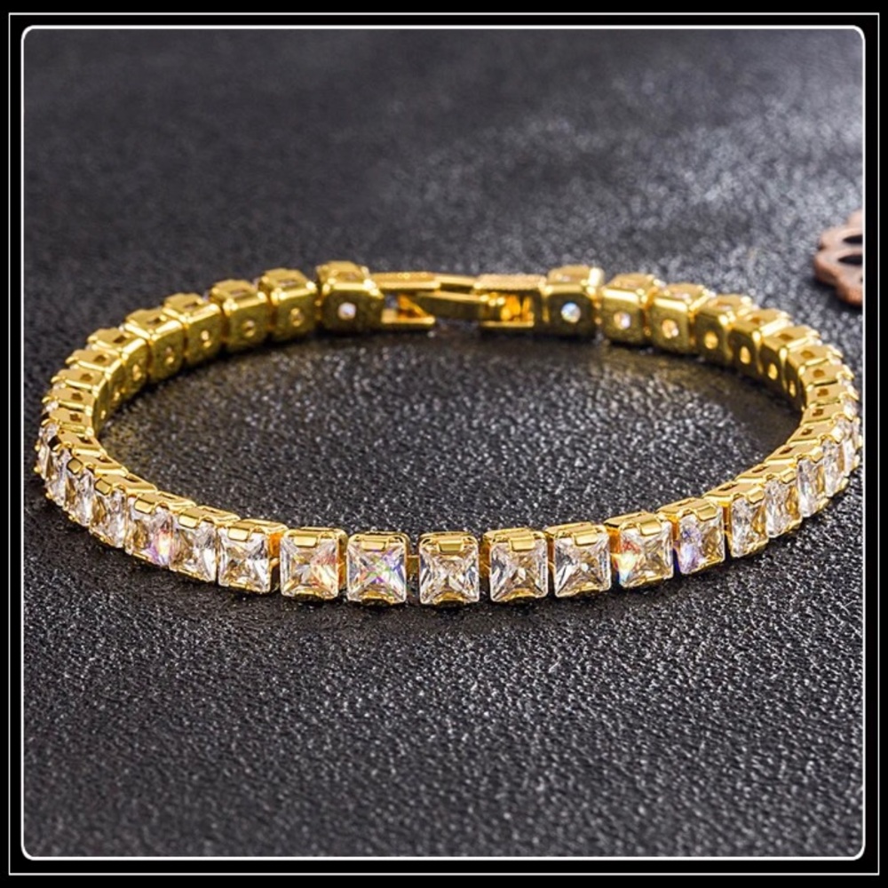 New 925 gold square cut baguette pave simulated diamond stone tennis bra…